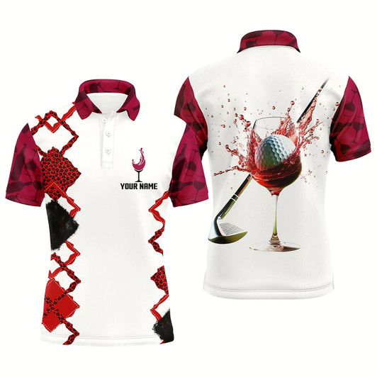 Goofygear White Red Wine Leopard Golf Shirts For Men Custom Name Mens Golf Polo Shirts Golfing Gifts