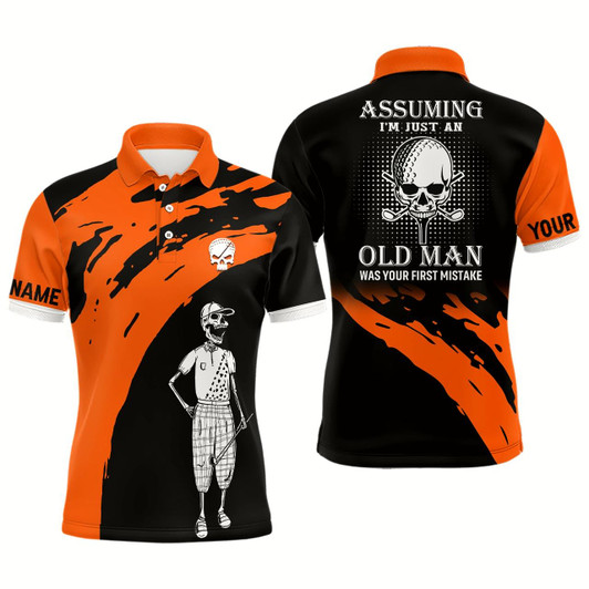 Goofygear Orange And Black Mens Skull Golf Polo Shirts, Custom Golf Polos For Men, Halloween Golf Gifts