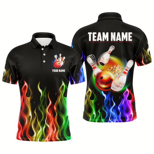 Goofygear Rainbow Flame Bowling Jersey For Men Personalized Bowling Team Shirts Bowling Polo Shirt