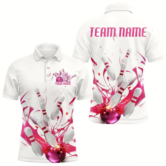 Goofygear Custom White And Pink Splatter Bowling Polo Shirts For Men, Bowling Tournament Shirt