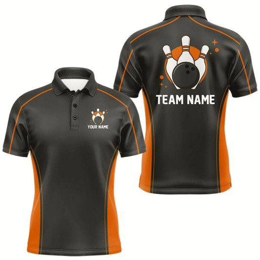 Goofygear Custom Black And Orange Classic Bowling Team Polo Shirt For Men, Bowling League Shirt