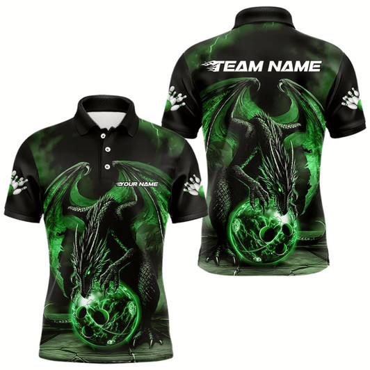 Goofygear Black And Green Custom Bowling Team Polo Shirts For Men, Dragon Bowling League Shirts
