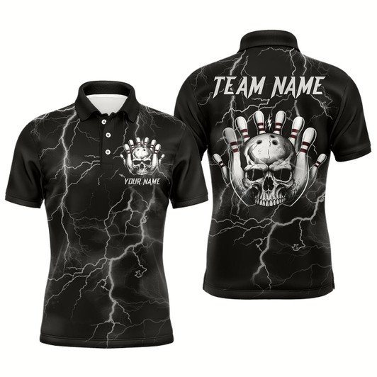 Goofygear Skull Bowling League Shirt Men Bowling Jersey Team Lightning Thunder Bowling Polo Shirt