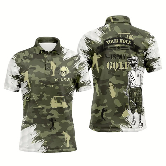 Goofygear Funny Skull Green Camo Golf Polo Shirts For Men Custom Name Your Hole Is My Goal Mens Polos Shirt