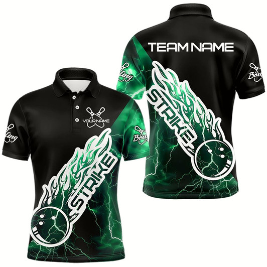 Goofygear Custom Black And Green Thunder Lightning Strike Bowling Polo Shirts For Men Team Shirt