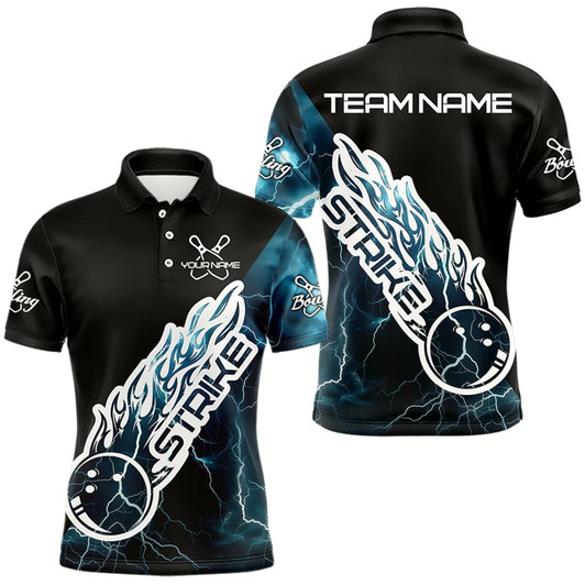 Goofygear Custom Black And Blue Thunder Lightning Strike Bowling Polo Shirts For Men Team Shirt