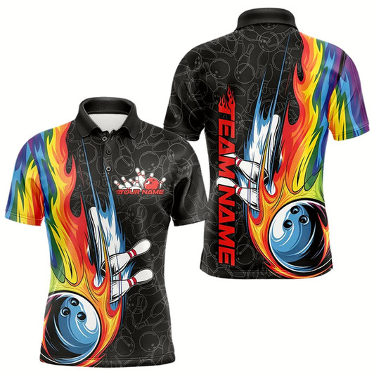 Goofygear Custom Rainbow Flame Bowling Team Polo Shirts For Men, Colorful Bowling League Shirt Style 3