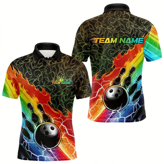 Goofygear Custom Rainbow Flame Bowling Team Polo Shirts For Men, Colorful Bowling League Shirt Style 4