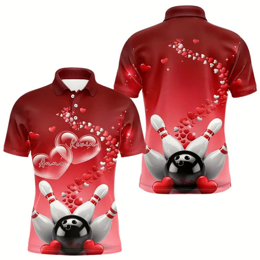 Goofygear Red Heart Theme Custom Valentines Bowling Polo Shirts For Men, Couple Bowling Shirt