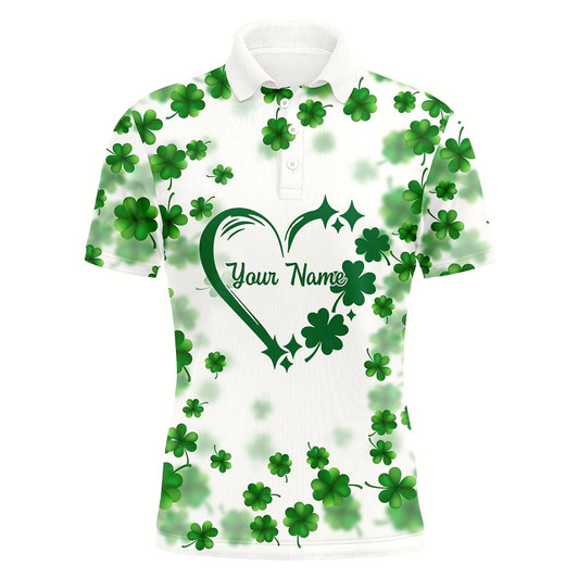 Goofygear Mens Golf Polo Shirts Custom Green Clover Heart St Patrick'S Day Pattern Mens Golf Polos Shirt