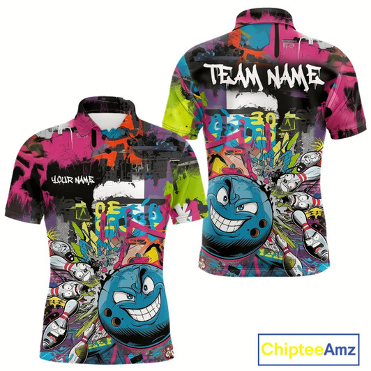 Goofygear Custom Funny Graffity Colorful Bowling Polo Shirts For Men, Bowling Tournament Shirt