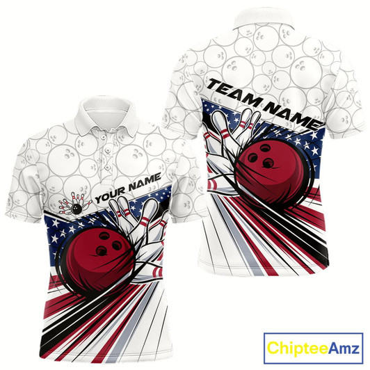 Goofygear Custom Patriotic Us Flag Bowling Polo Shirts For Men, Bowling Pattern Bowling League Shirt