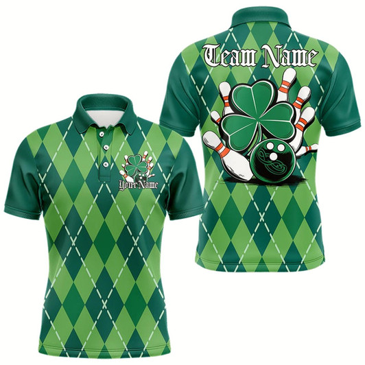 Goofygear Custom Green Shamprock Saint Patricks Bowling Polo Shirts For Men, Lucky Bowling Team Shirt Style 1