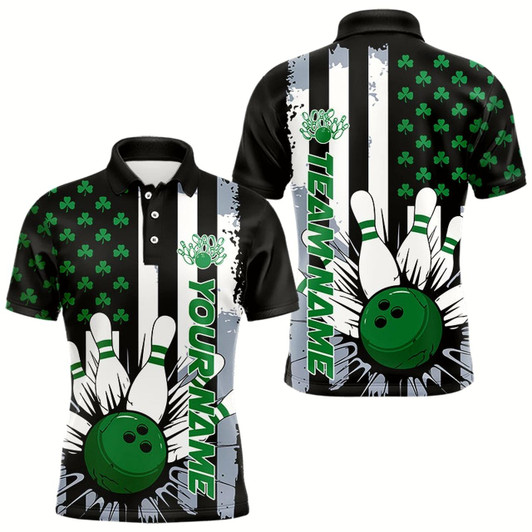 Goofygear Custom Saint Patricks Bowling Polo Shirts For Men, Shamrock Flag Us Bowling Team Shirt Style 2