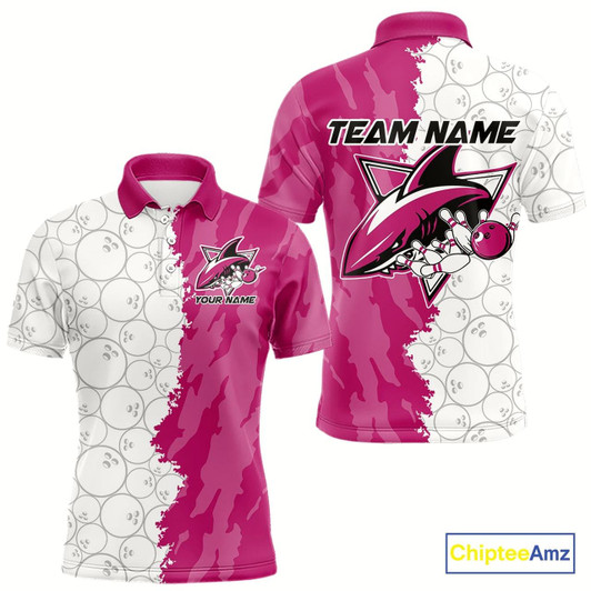 Goofygear Custom White And Pink Shark Bowling Polo Shirts For Men, Shark Bowling League Shirt Style 2