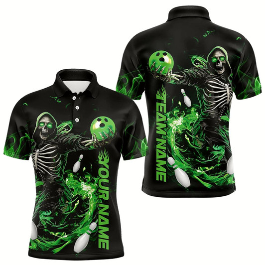 Goofygear Custom Black And Green Skeleton Bowling Polo Shirts For Men, Skull Bowling Tournament Shirt