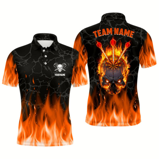Goofygear Orange Flame Skull Mens Darts Polo Shirt Custom Scary Darts Shirt For Men Dart Jerseys