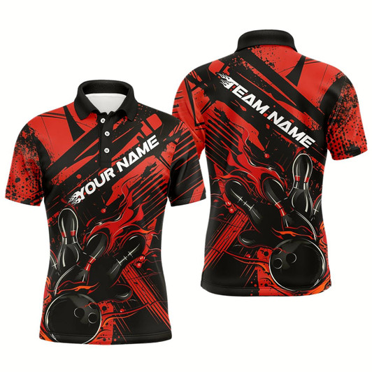 Goofygear Custom Black And Red Flame Bowling Polo Shirts For Men, Bowling Team Shirt Bowler Uniform