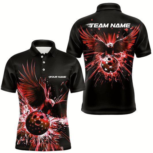 Goofygear Black And Red Eagle Break Glass Custom Bowling Polo Shirts For Men, Bowling Team Shirt