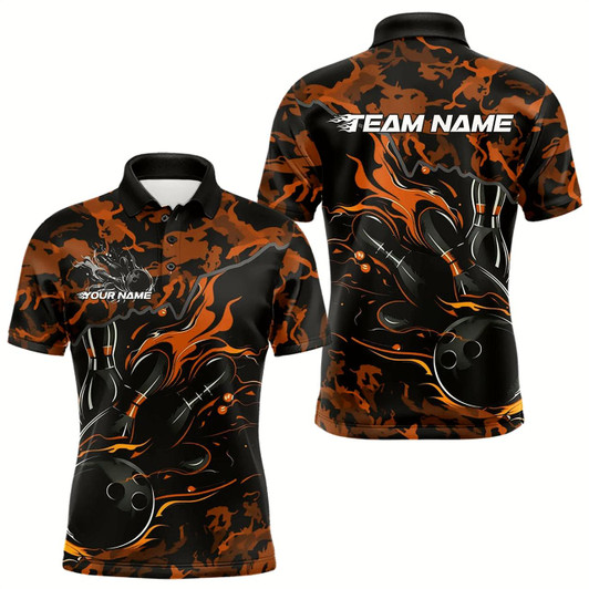 Goofygear Custom Black And Orange Camo Flame Bowling Team Polo Shirts For Men, Bowling Tournament Shirt