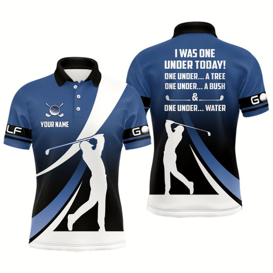 Goofygear Funny Polo Golf Shirt For Men I Was One Under Today Tree, Bush And Water Custom Men Golf Attire Blue