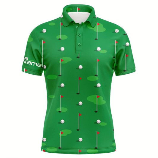 Goofygear Mens Golf Polo Shirts Custom Golf Flag And Balls Green Golf Course Pattern Golf Polo Shirts For Men