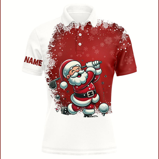 Goofygear Red And White Christmas Pattern Santa Golfer Mens Golf Polo Shirts Custom Golf Shirt For Men Golf Gift