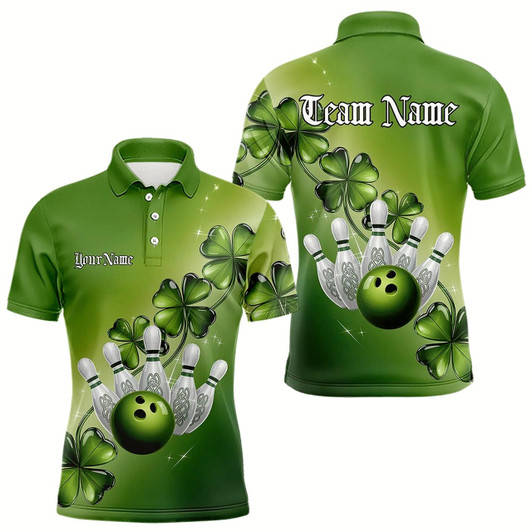 Goofygear Custom Green Shamprock Saint Patricks Bowling Polo Shirts For Men, Lucky Bowling Team Shirt Style 2