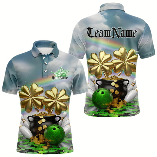 Goofygear Custom Saint Patricks Day Bowling Polo Team Shirts For Men, Lucky Bowling League Shirt