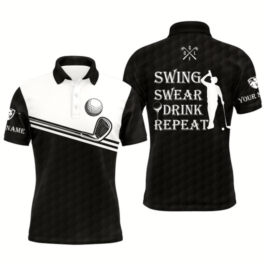 Goofygear Mens Golf Polo Shirt Swing Swear Drink Repeat Custom Name Black White Men Golf Shirts Style 2