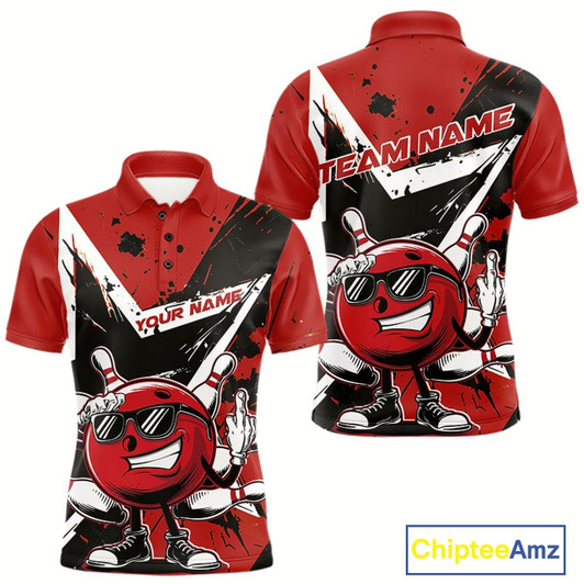 Goofygear Custom Black And Red Star Funny Bowling Polo Shirts For Men, Bowling Tournament Shirt Style 1