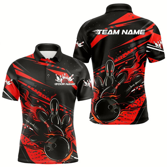 Goofygear Custom Black And Red Flame Men Bowling Polo Shirts, Fire Bowling Ball Bowling Team Shirt