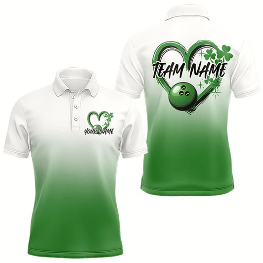 Goofygear Custom Heart St Patricks Day Bowling Polo Shirts For Men, Lucky Shamprock Bowling Team Shirt