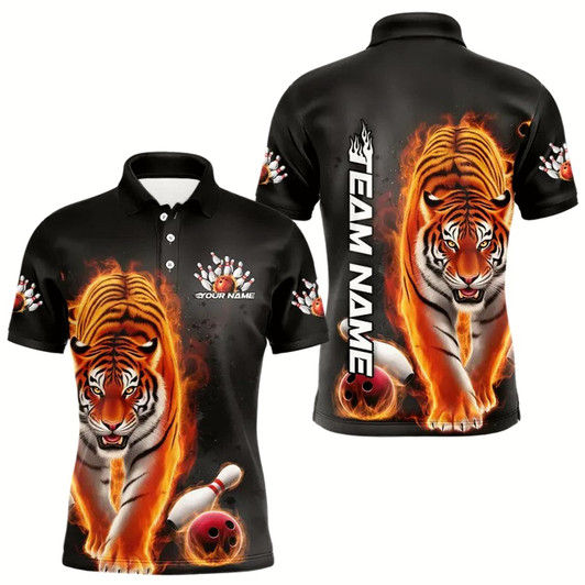 Goofygear Custom Flame Tiger Bowling Polo Shirts For Men, Tiger Bowling Tournament Team Shirt