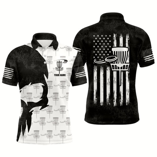 Goofygear Disc Golf Basket Pattern Black Skull American Flag Mens Polo Shirt Disc Golf Gifts For Men Style 2