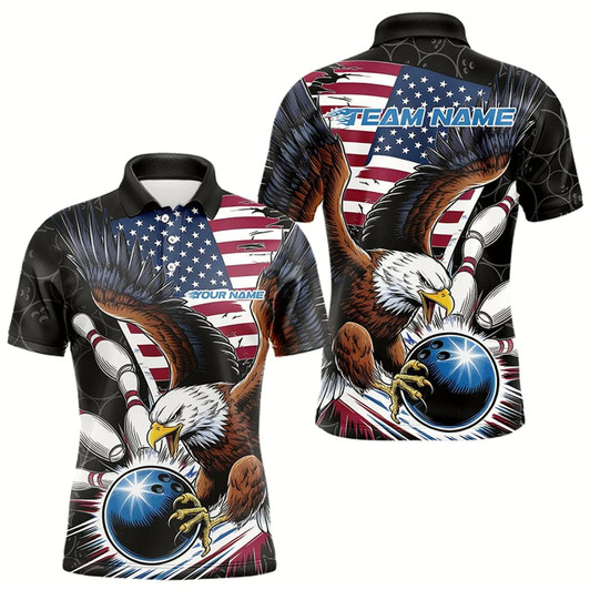 Goofygear Custom American Flag Eagle Bowling Team Men Polo Shirts, Patriotic Us Bowling League Shirt Style 3
