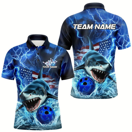 Goofygear Custom Blue Lightning Patriotic Shark Bowling Team Men Polo Shirts, Us Flag Bowling Shirt Style 3