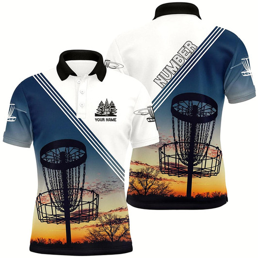 Goofygear Sunset Personalized Disc Golf Mens Polo Shirt Custom Disc Golf Shirts For Men Disc Golf Basket