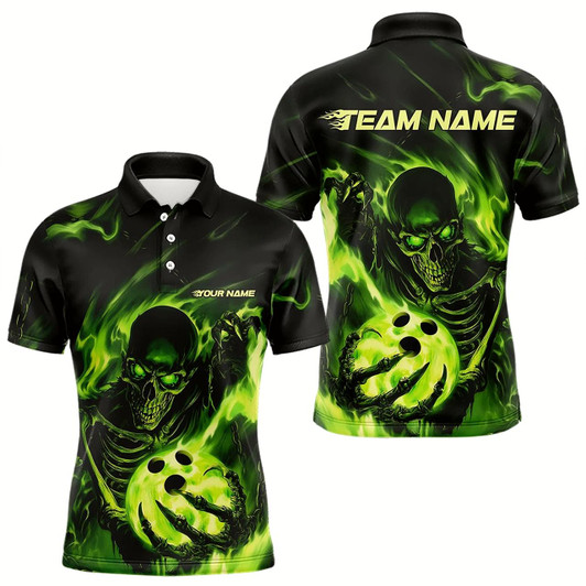 Goofygear Black And Green Flame Skull Custom Bowling Polo Shirts For Men, Skeleton Bowling Team Shirt