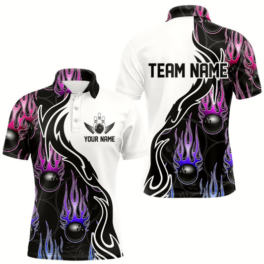 Goofygear Blue Purple Pink Flame Ball Custom Bowling Team Men Polo Shirts, Fire Bowling League Shirt