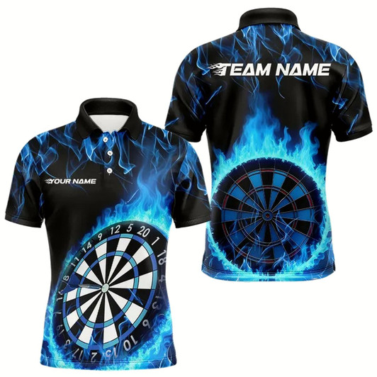Goofygear Custom Black And Blue Fire Flame Dartboard Dart Polo Shirts For Men, Dart Tournament Shirt