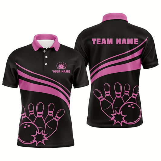 Goofygear Personalized Black Bowling Polo Shirts For Men, Custom Men'S Bowling Shirt Team Bowling Jerseys Pink