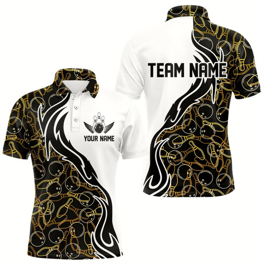 Goofygear Black And Yellow Bowling Pattern Custom Bowling Team Men Polo Shirts, Bowling League Shirt