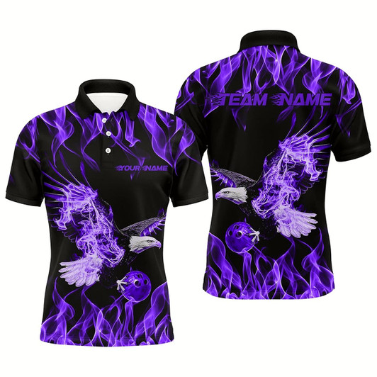 Goofygear Custom Black And Purple Flame Eagle Bowling Team Men Polo Shirts, Eagle Bowling League Shirt