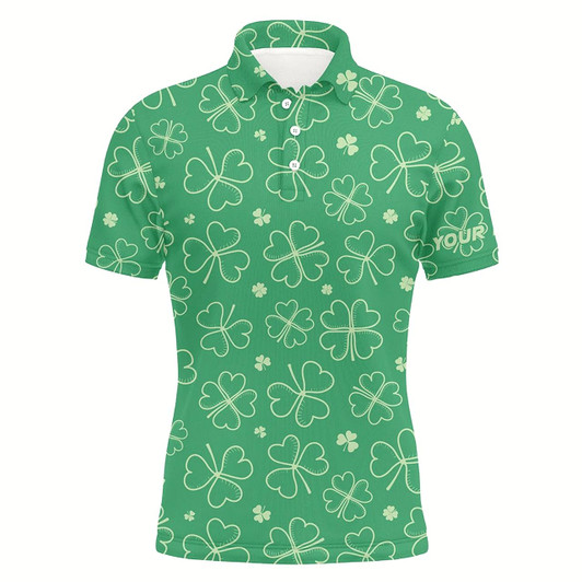 Goofygear Green Clovers St Patrick Day Mens Golf Polo Shirt Custom Name Shamrock Golf Shirts For Men Golf Gifts