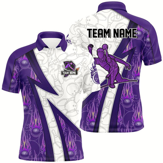 Goofygear Custom Bowling Polo Shirt For Men Purple Flame Camo Bowling Jersey, Bowling Team Shirt
