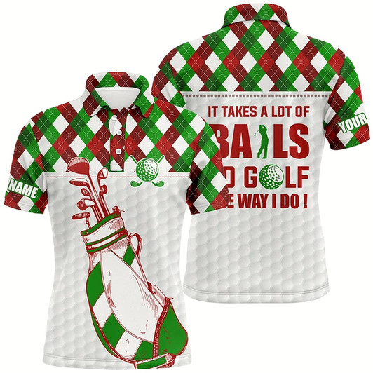 Goofygear Mens Golf Polo Shirt It Takes A Lot Of Balls To Golf Custom Christmas Argyle Pattern Shirt For Men Style 1
