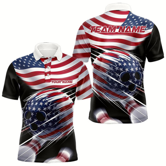 Goofygear Custom Us Flag Bowling League Shirts, Patriotic Bowling Team Polo Shirts For Men Style 2