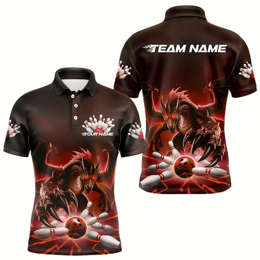 Goofygear Custom Black And Red Dragon Bowling Team Polo Shirts For Men, Dragon Bowling League Shirt