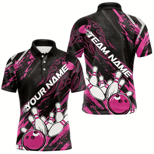 Goofygear Grunge Black And Pink Custom Flame Bowling Team Polo Shirts For Men, Bowling League Shirt